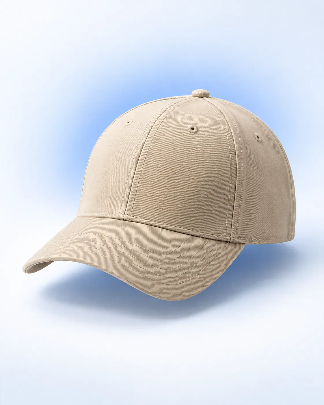An unbranded sand cotton twill cap from the fictional Aurora Athletics demo store.