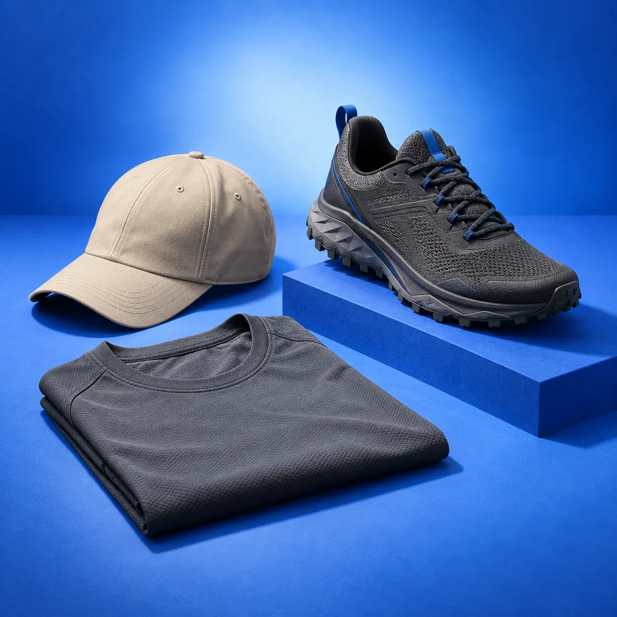 An unbranded sand cap, graphite running shirt, and black trail shoe arranged on a cobalt blue studio set.