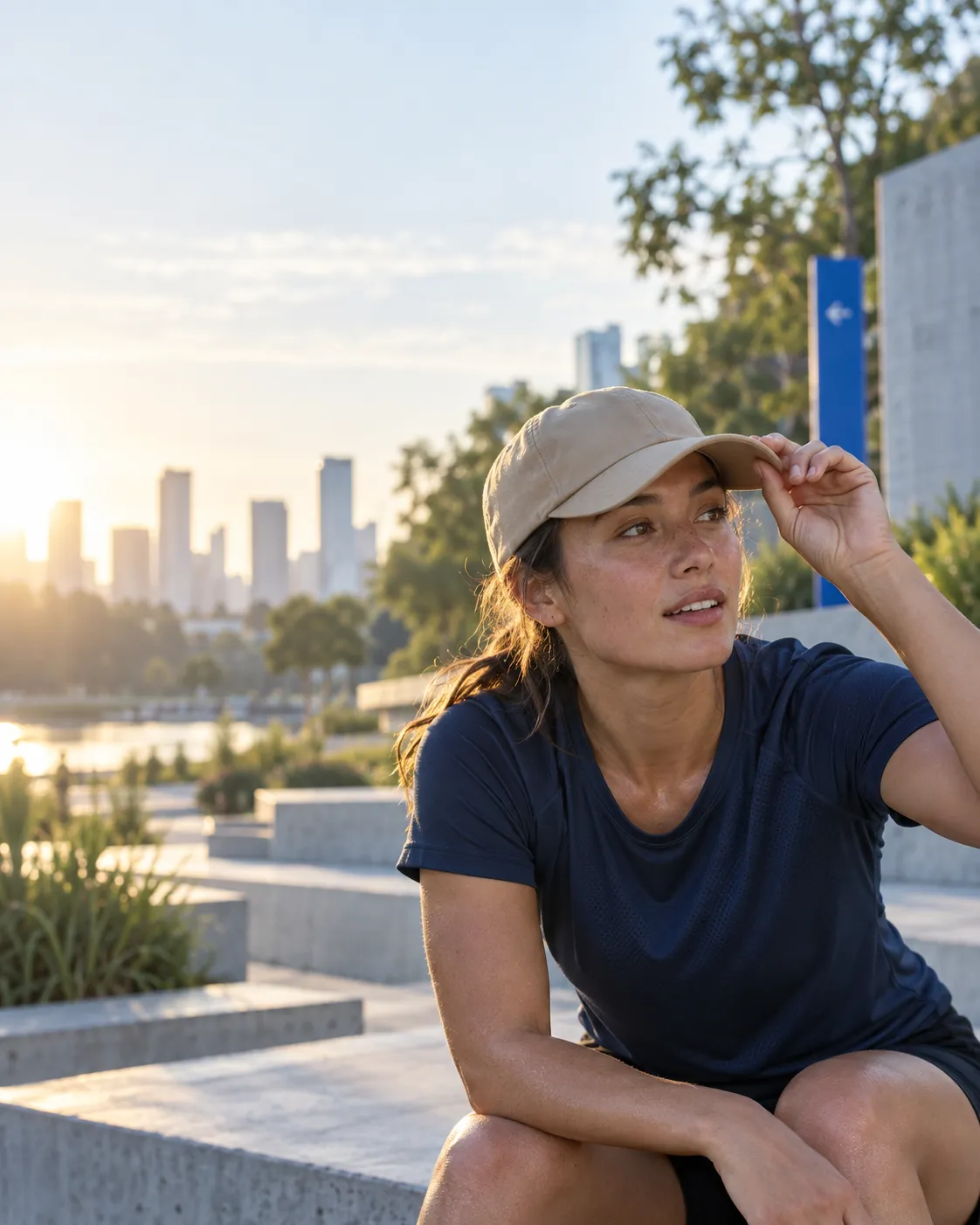 A runner in a navy performance top and blank sand cap resting in a city park at sunrise.