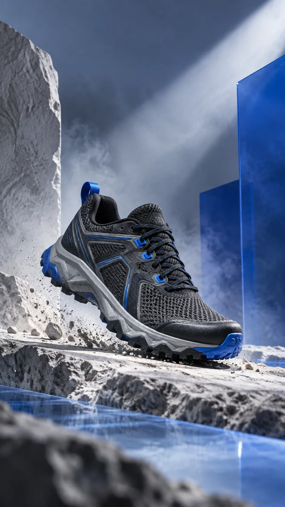 An unbranded charcoal trail shoe with blue details on a cinematic stone and cobalt studio set.
